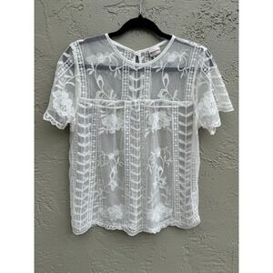 Merona White Floral Lace Cottagecore Sheer Short Sleeve Boho Indie Glam Blouse
